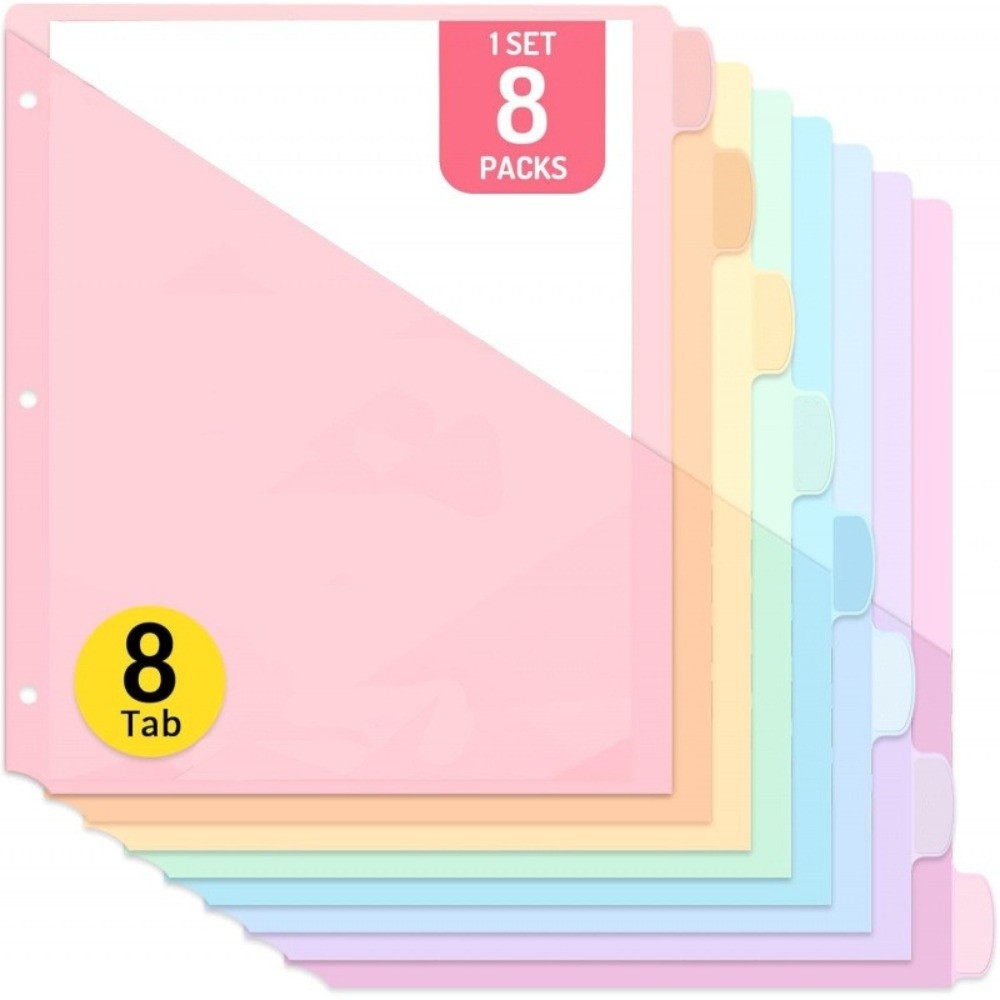 Tab Divider A4 - A4パステルバインダーディバイダー8枚、8タブディバイダー、3リングバインダーシングルポケットディバイダー、シングルポケットプラスチックファイルフォルダー