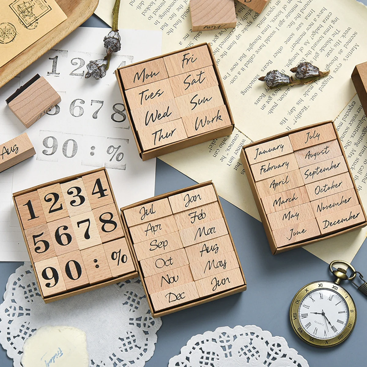 木製ゴム製日付スタンプ、12ヶ月の曜日番号DIYプランナース - Rubber Date Stamp のレビューと価格